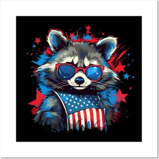 Blue raccoon proudly American Flag Posters and Art